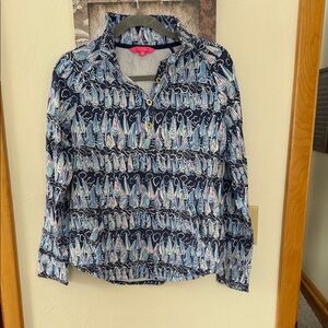 Lilly Pulitzer blue sailboat popover quarter button top with front pocket